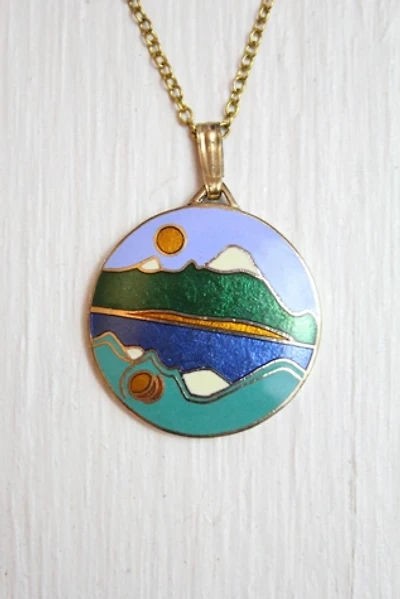 Vintage Mountain Reflection Enamel Pendant Necklace Selected By Moons + Junes Vintage