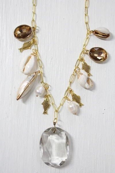 Upcycled Crystal Pendant Seaside Shell Charm Necklace Selected By Moons + Junes Vintage