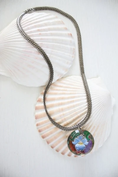 Vintage Blue Iris Flower Crystal Glass Pendant Necklace Selected By Moons + Junes Vintage