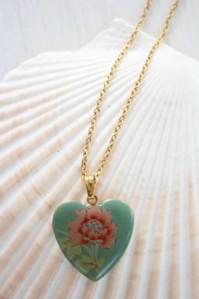 Vintage Floral Heart Enamel Pendant Necklace Selected By Moons + Junes Vintage