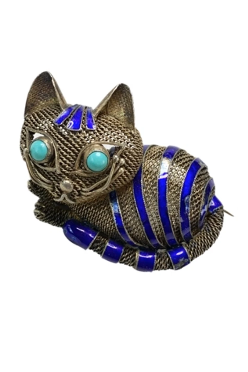 Antique Silver + Enamel Cheshire Cat Brooch Selected by Lux Revival