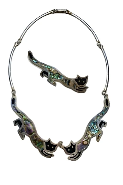 Vintage Abalone Big Cat Necklace + Brooch Set Selected by Lux Revival