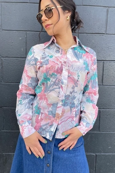 Vintage 1970's Dagger Collar Floral Scene Blouse Selected by FernMercantile