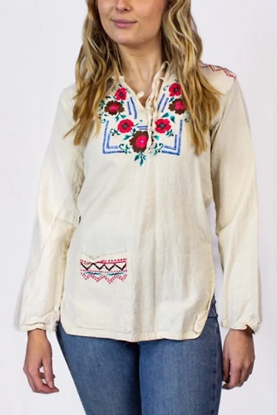 Vintage Floral Embroidered Linen Baja Hoodie Selected by Black Shag Vintage