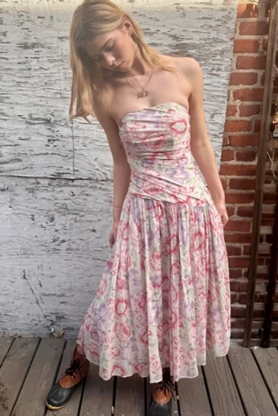 Vintage 1980s Strapless Draped Fit and Flare Floral Dress Selected by Personal Choice