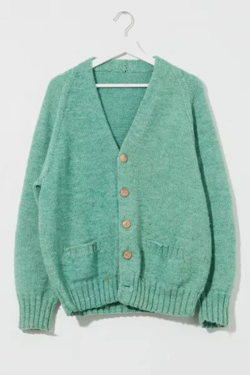 Vintage 1980s Distressed Light Green Cardigan Sweater