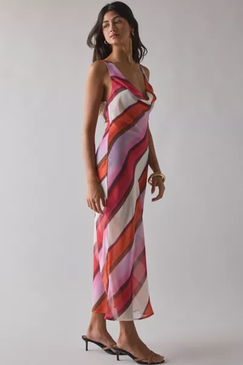 Motel Anira Semi-Sheer Painted Stripe Chiffon Cowl Neck Midi Dress