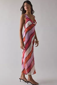 Motel Anira Semi-Sheer Painted Stripe Chiffon Cowl Neck Midi Dress