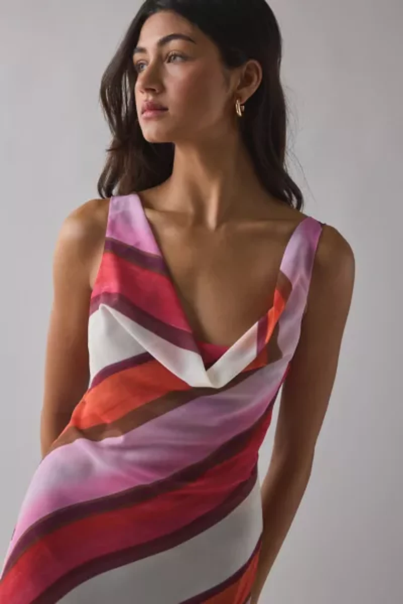 Motel Anira Semi-Sheer Painted Stripe Chiffon Cowl Neck Midi Dress