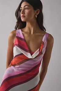 Motel Anira Semi-Sheer Painted Stripe Chiffon Cowl Neck Midi Dress