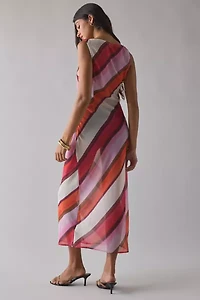 Motel Anira Semi-Sheer Painted Stripe Chiffon Cowl Neck Midi Dress