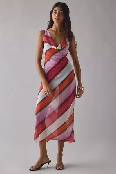 Motel Anira Semi-Sheer Painted Stripe Chiffon Cowl Neck Midi Dress
