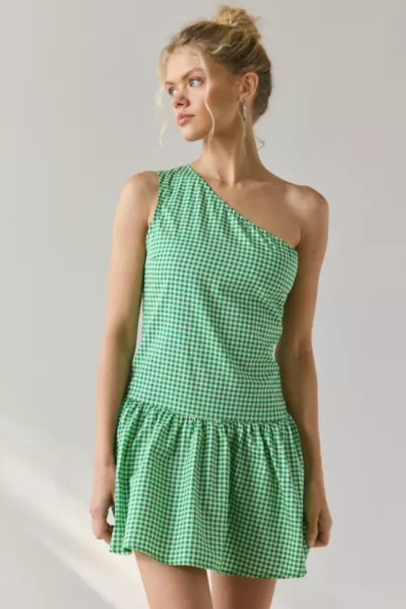 Motel Munasa One-Shoulder Drop Waist Gingham Mini Dress
