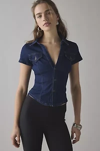 BDG Polly Denim Slim Short Sleeve Button-Up Shirt