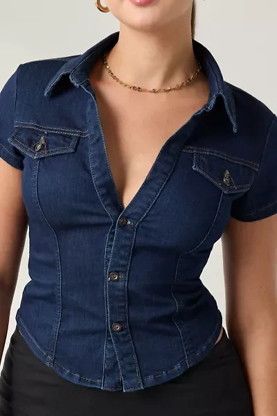 BDG Polly Denim Slim Short Sleeve Button-Up Shirt