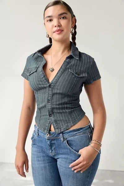 BDG Polly Denim Slim Short Sleeve Button-Up Shirt