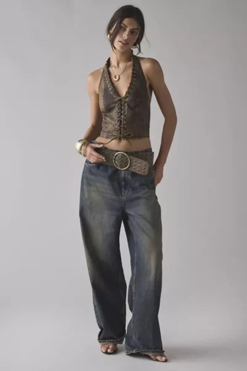 UO Tali Faux Leather Lace-Up Halter Top