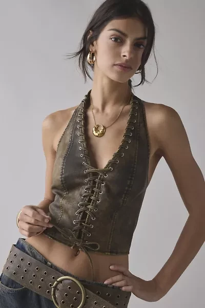 UO Tali Faux Leather Lace-Up Halter Top