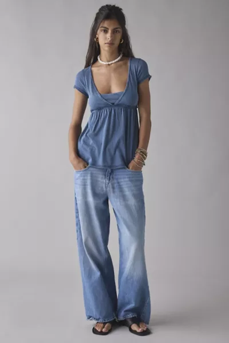 BDG Tina Layered V-Neck Short Sleeve Babydoll Tee