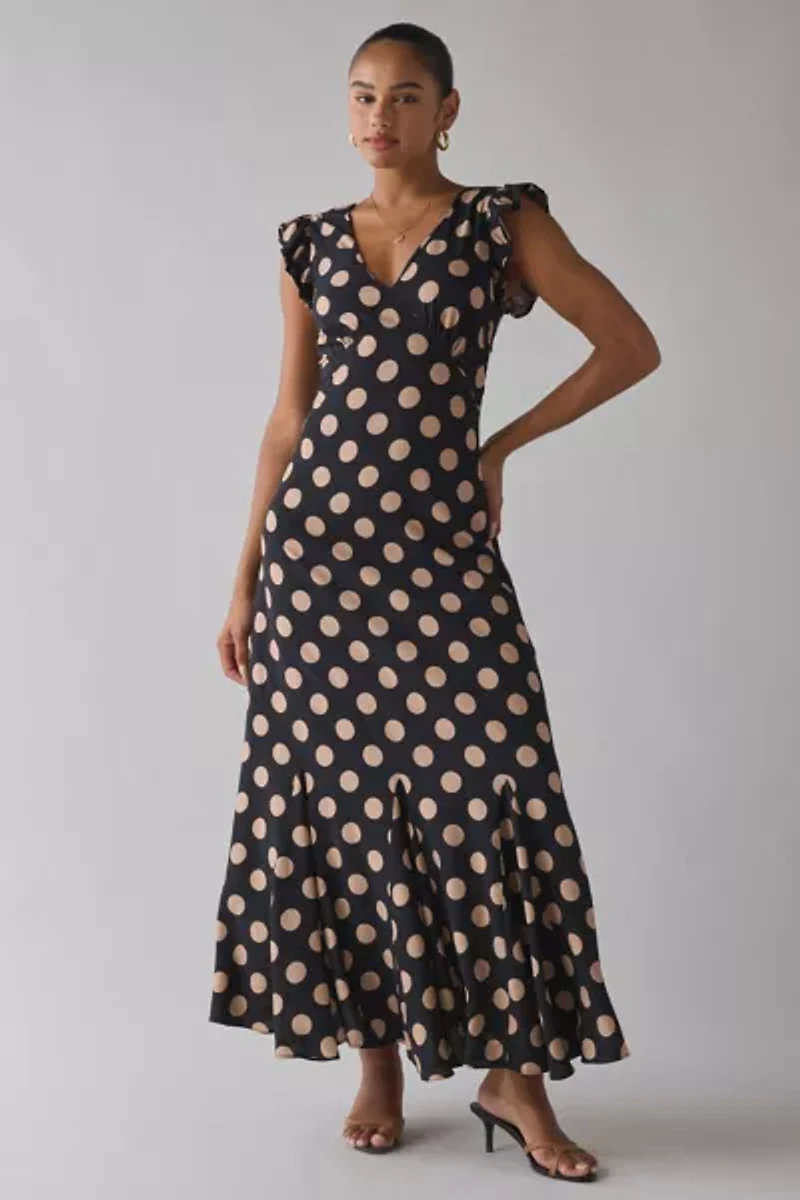 Beach Riot Elodie Polka Dot Flutter Sleeve Maxi Dress