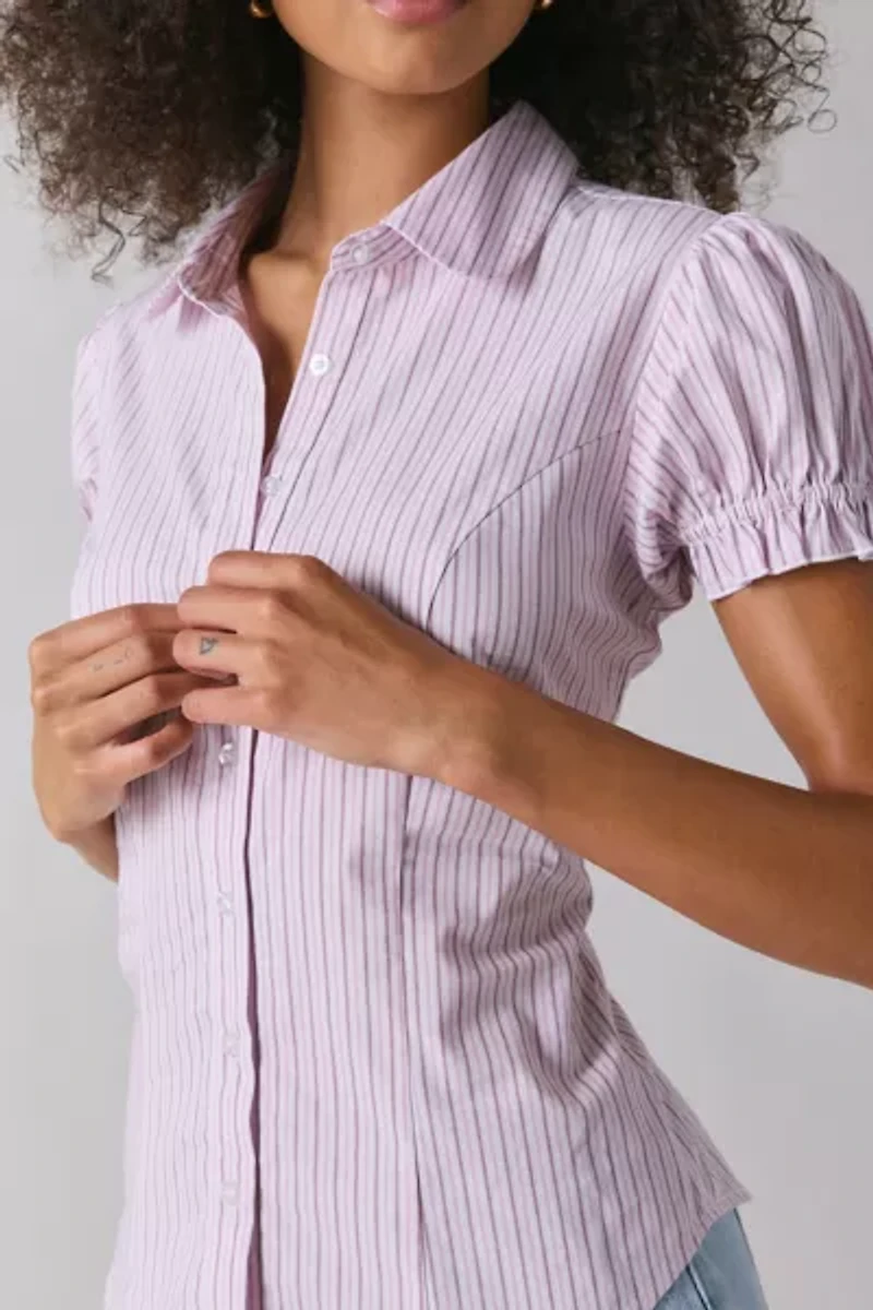 BDG Sweetheart Puff Sleeve Slim Button-Down Shirt