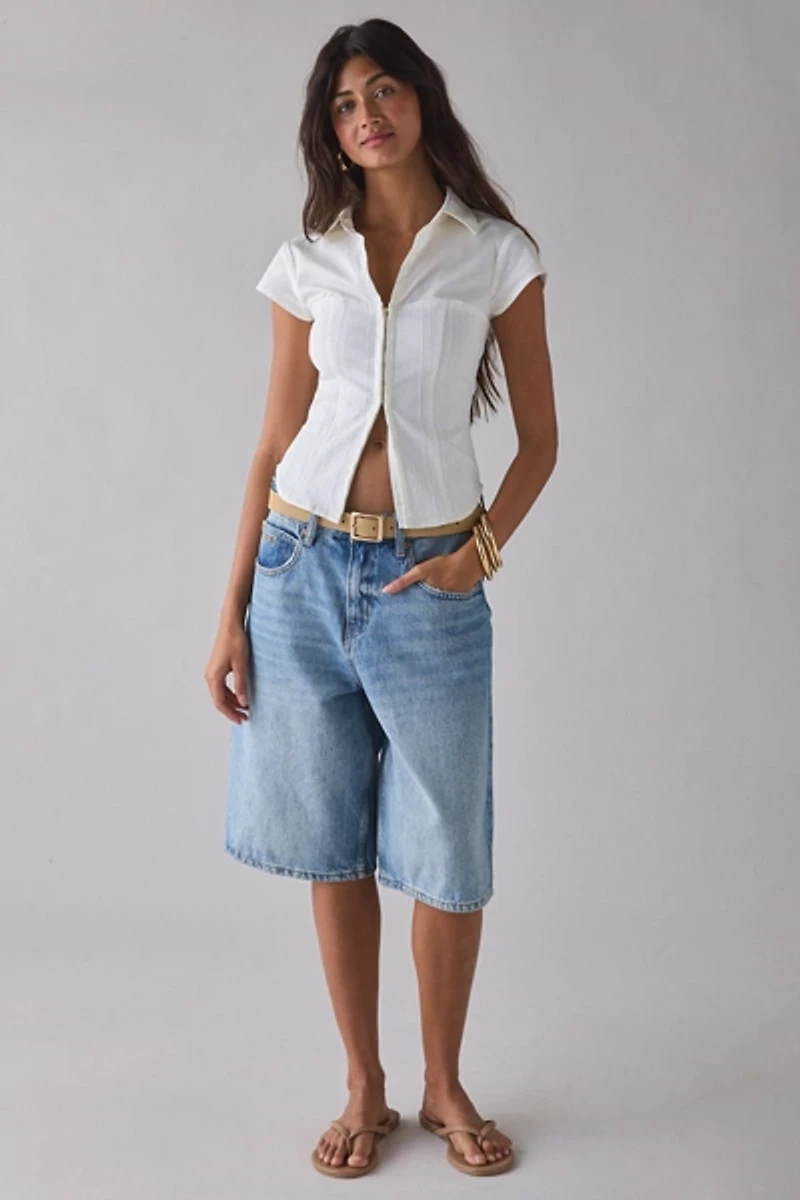 UO Polly Hybrid Slim Short Sleeve Button-Front Shirt