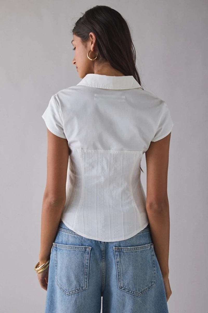 UO Polly Hybrid Slim Short Sleeve Button-Front Shirt