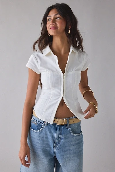 UO Polly Hybrid Slim Short Sleeve Button-Front Shirt