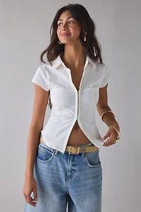 UO Polly Hybrid Slim Short Sleeve Button-Front Shirt