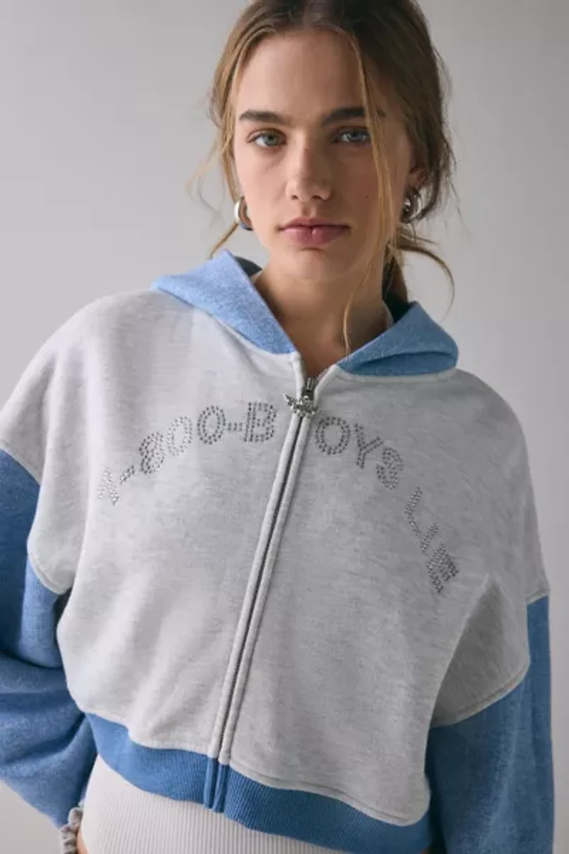 Boys Lie Alex 1-800 Rhinestone Graphic Zip-Up Crop Hoodie Sweatshirt