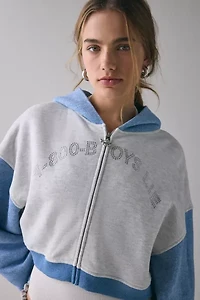 Boys Lie Alex 1-800 Rhinestone Graphic Zip-Up Crop Hoodie Sweatshirt