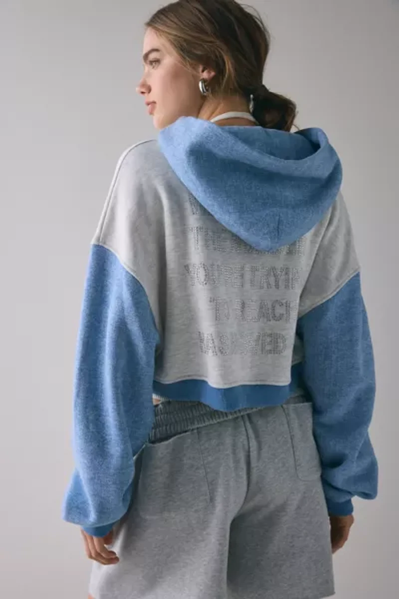 Boys Lie Alex 1-800 Rhinestone Graphic Zip-Up Crop Hoodie Sweatshirt