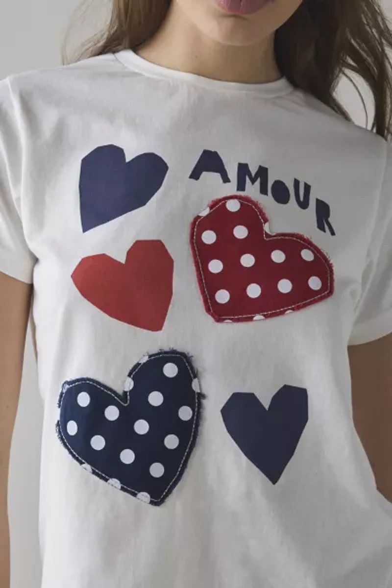 Amour Polka Dot Hearts Applique Graphic Slim Tee