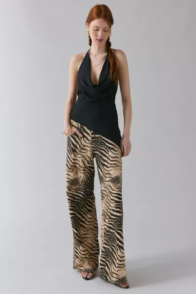 UO Quinn Asymmetric Satin Cowl Neck Halter Top