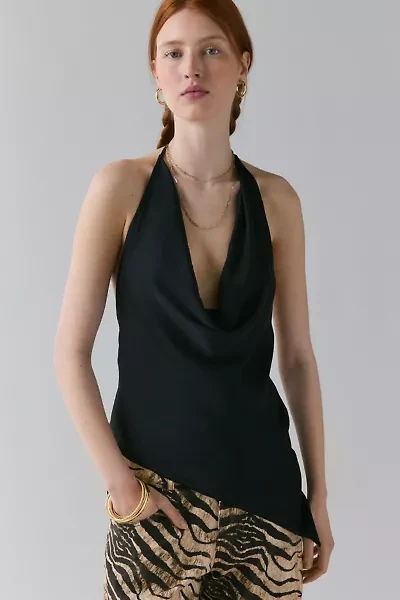 UO Quinn Asymmetric Satin Cowl Neck Halter Top