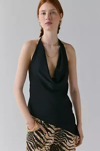 UO Quinn Asymmetric Satin Cowl Neck Halter Top