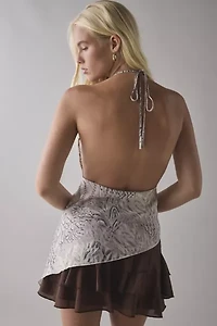 UO Quinn Asymmetric Satin Cowl Neck Halter Top