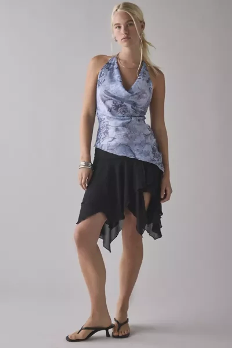 UO Quinn Asymmetric Satin Cowl Neck Halter Top