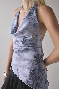 UO Quinn Asymmetric Satin Cowl Neck Halter Top