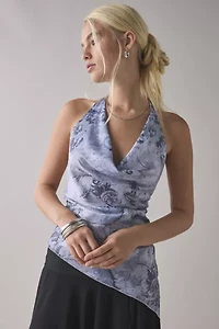 UO Quinn Asymmetric Satin Cowl Neck Halter Top