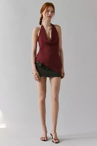 UO Quinn Asymmetric Satin Cowl Neck Halter Top