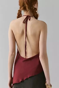 UO Quinn Asymmetric Satin Cowl Neck Halter Top