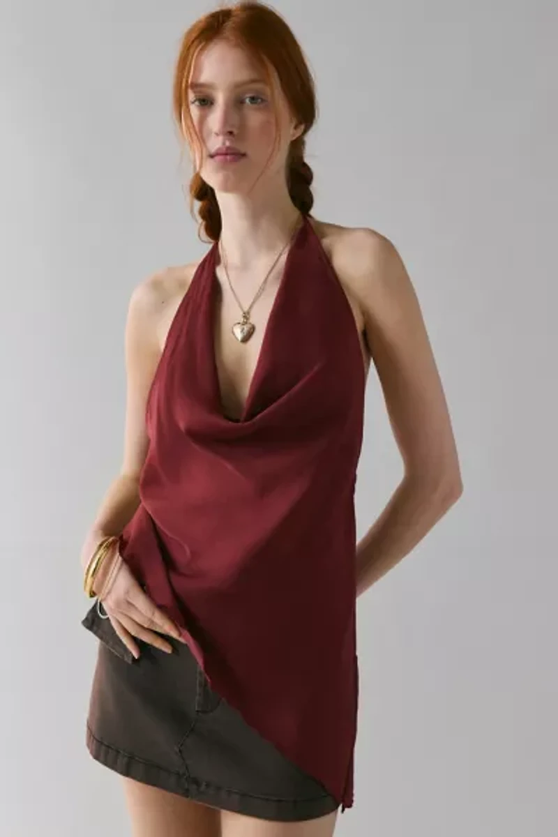 UO Quinn Asymmetric Satin Cowl Neck Halter Top