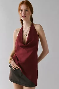 UO Quinn Asymmetric Satin Cowl Neck Halter Top