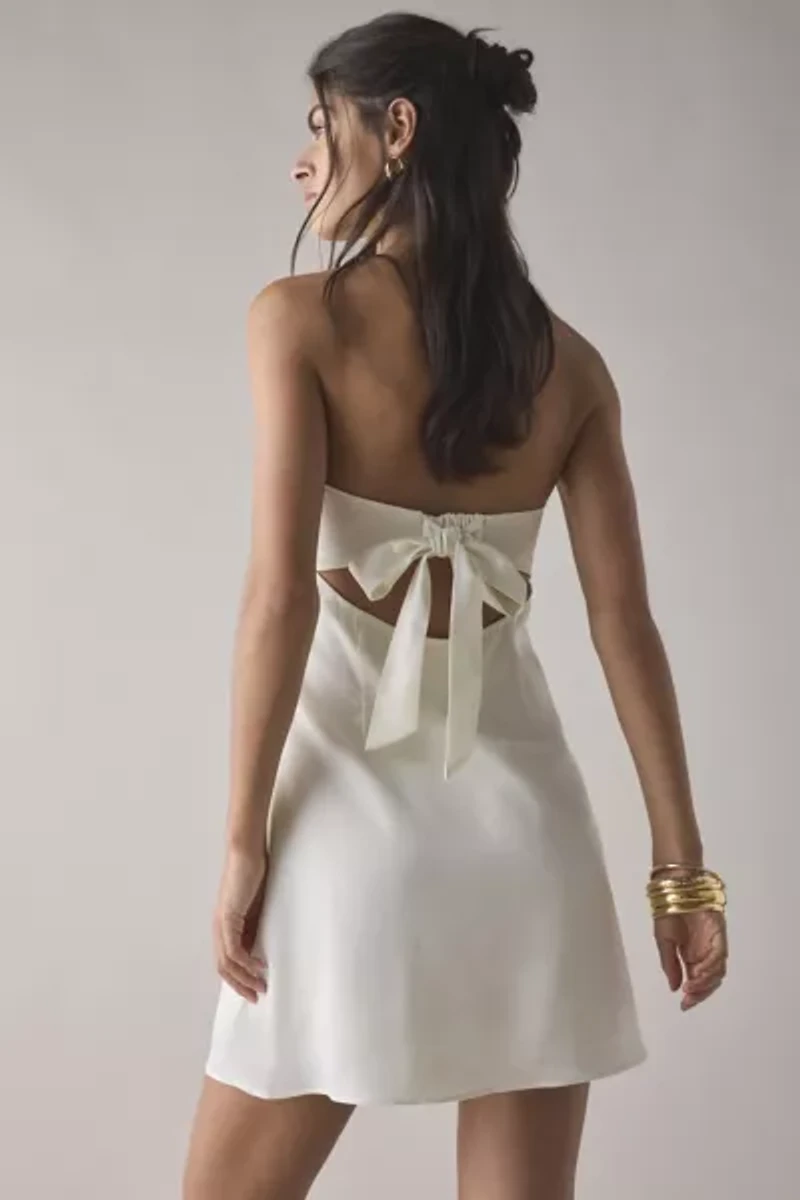 UO Mira Strapless Tie-Back Bow Satin Slip Mini Dress