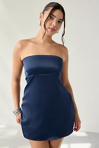 UO Mira Strapless Tie-Back Bow Satin Slip Mini Dress