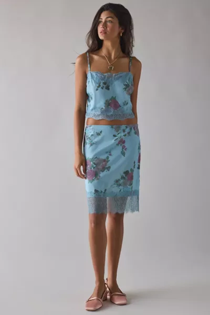 Kimchi Blue Lula Lace Trim Satin Cami + Slip Skirt Set
