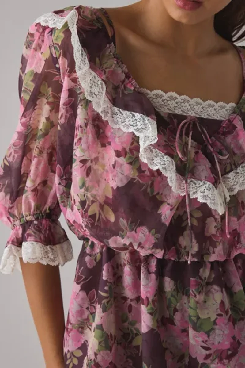 For Love & Lemons Adeline Lace Trim Floral Ruffle Romper