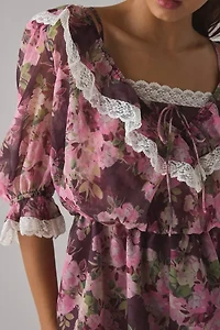 For Love & Lemons Adeline Lace Trim Floral Ruffle Romper