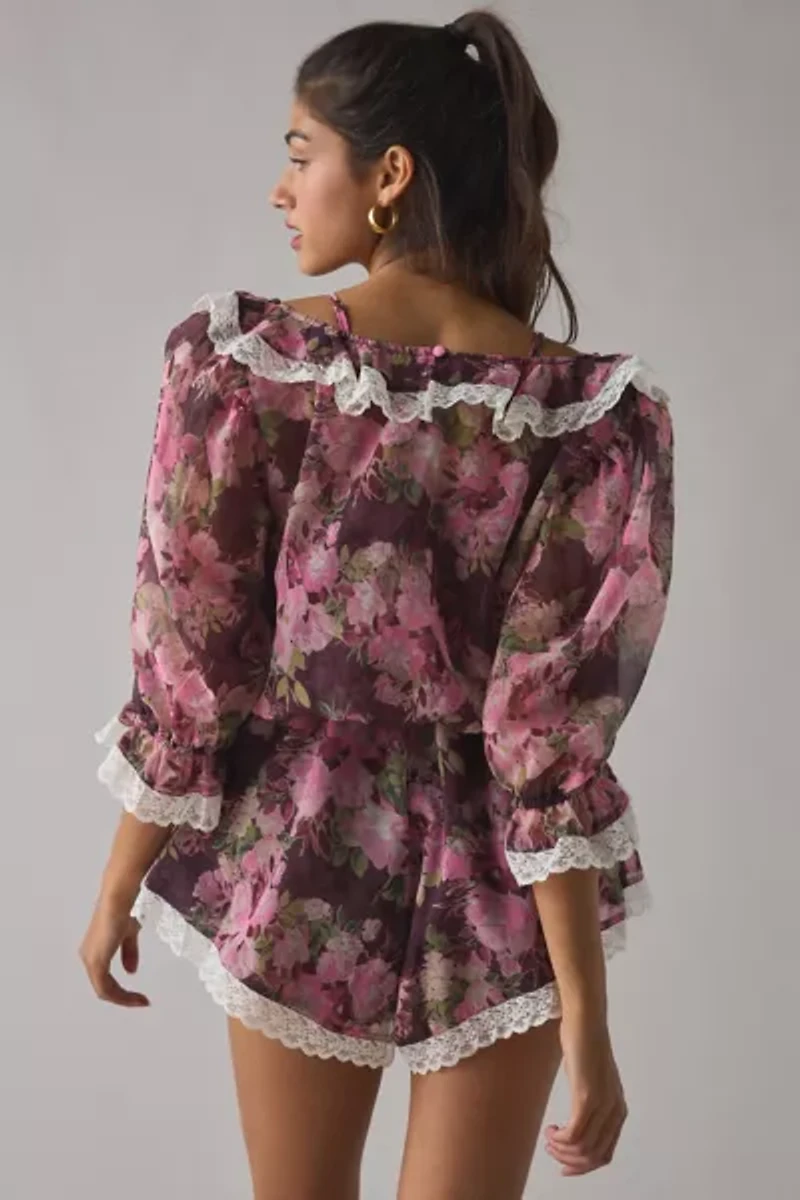 For Love & Lemons Adeline Lace Trim Floral Ruffle Romper